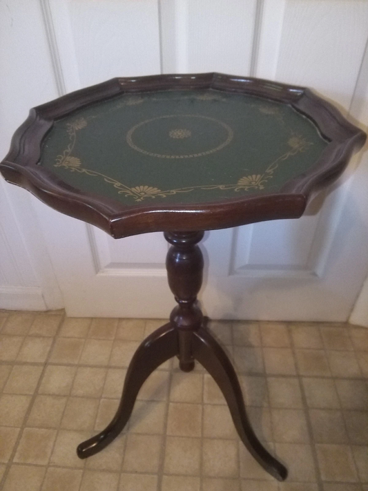 Vintage Mahogany Wood Pedestal Side Table with Leather Top